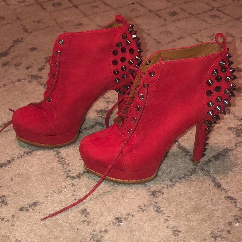Schutz Red Suede Grommet Lace Up Booties